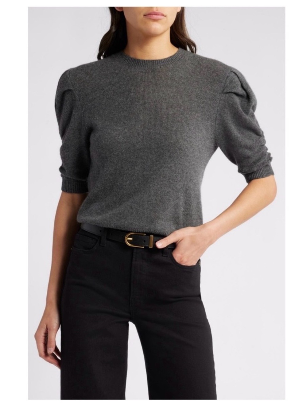 FRAME 100% Cashmere Puff Sleeve Sweater L Charcoal Heather Quiet Luxury Preppy